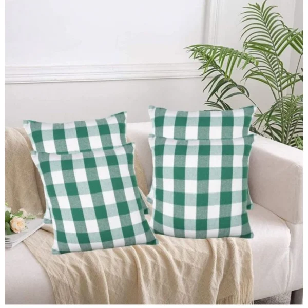 Generic Pack Of_4 Cotton Checkered Cushion Cover With Pom Pom (Green, Size: 16x16 In)