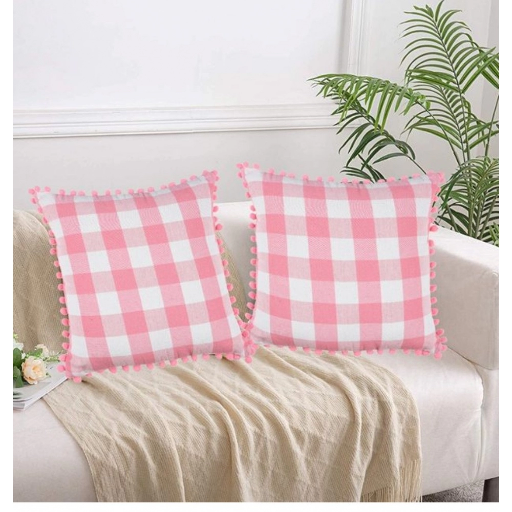 53966866432_75e052b975_o_d-1000x1000-1.webp Generic Pack Of_2 Cotton Checkered Cushion Cover With Pom Pom (Baby Pink, Size: 18x18 In) - Image 1