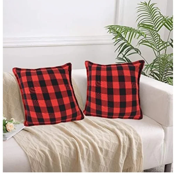 Generic Pack Of_2 Cotton Checkered Cushion Cover With Blanket Stitch (Red & Black, Size: 24x24 In)