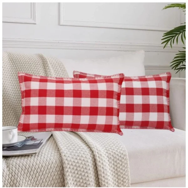 Generic Pack Of_2 Cotton Checkered Cushion Cover With Blanket Stitch (Red & White, Size: 12x20 In)