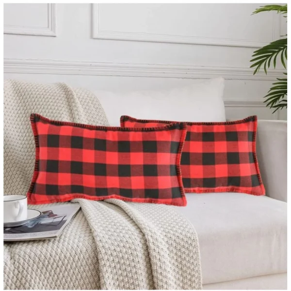 Generic Pack Of_2 Cotton Checkered Cushion Cover With Blanket Stitch (Red & Black, Size: 12x20 In)