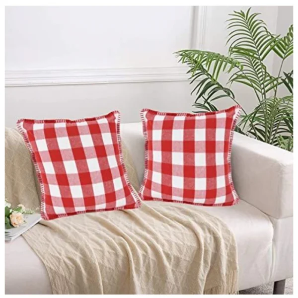 Generic Pack Of_2 Cotton Checkered Cushion Cover With Blanket Stitch (Red, Size: 18x18 In)