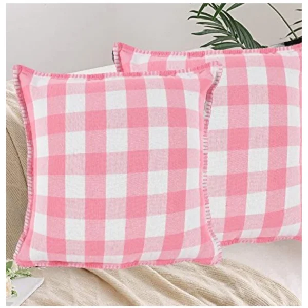 Generic Pack Of_2 Cotton Checkered Cushion Cover With Blanket Stitch (Baby Pink, Size: 16x16 In)