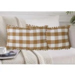 Generic Pack Of_2 Cotton Checkered Cushion Cover With Pom Pom (Beige, Size: 12x20 In) - Image 4