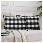 Generic Pack Of_2 Cotton Checkered Cushion Cover With Pom Pom (Black, Size: 12x20 In)