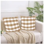 Generic Pack Of_2 Cotton Checkered Cushion Cover With Pom Pom (Beige, Size: 20x20 In) - Image 4