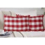 Generic Pack Of_2 Cotton Checkered Cushion Cover With Pom Pom (Red, Size: 12x20 In) - Image 4