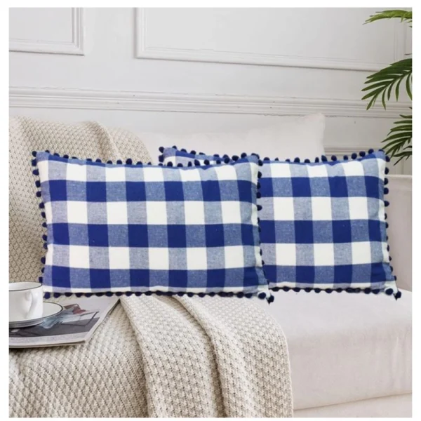 Generic Pack Of_2 Cotton Checkered Cushion Cover With Pom Pom (Blue, Size: 12x20 In)