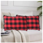 Generic Pack Of_2 Cotton Checkered Cushion Cover With Pom Pom (Red & Black, Size: 12x20 In)