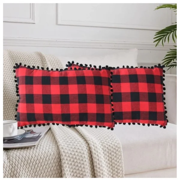 Generic Pack Of_2 Cotton Checkered Cushion Cover With Pom Pom (Red & Black, Size: 12x20 In)