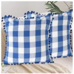 Generic Pack Of_2 Cotton Checkered Cushion Cover With Pom Pom (Blue, Size: 18x18 In) - Image 4