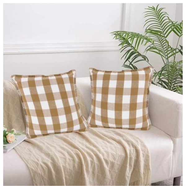 Generic Pack Of_2 Cotton Checkered Cushion Cover With Blanket Stitch (Beige, Size: 24x24 In)
