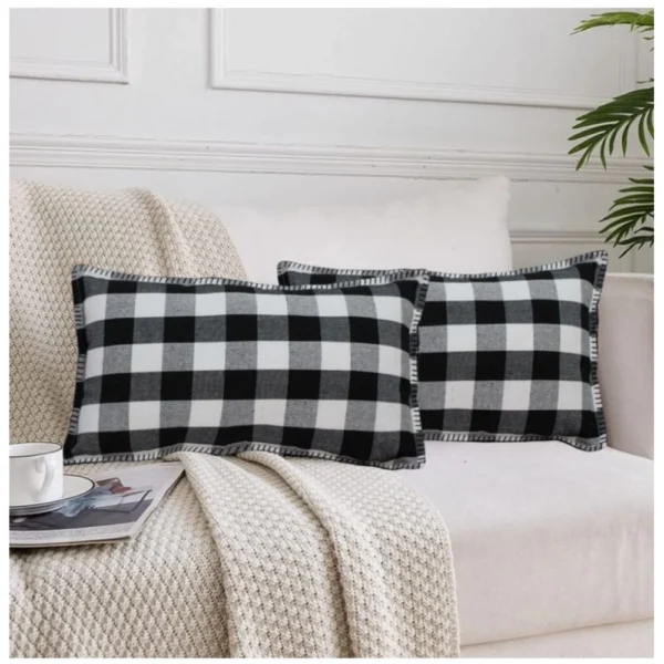 Generic Pack Of_2 Cotton Checkered Cushion Cover With Blanket Stitch (Black, Size: 12x20 In)