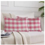 Generic Pack Of_2 Cotton Checkered Cushion Cover With Pom Pom (Baby Pink, Size: 12x20 In)