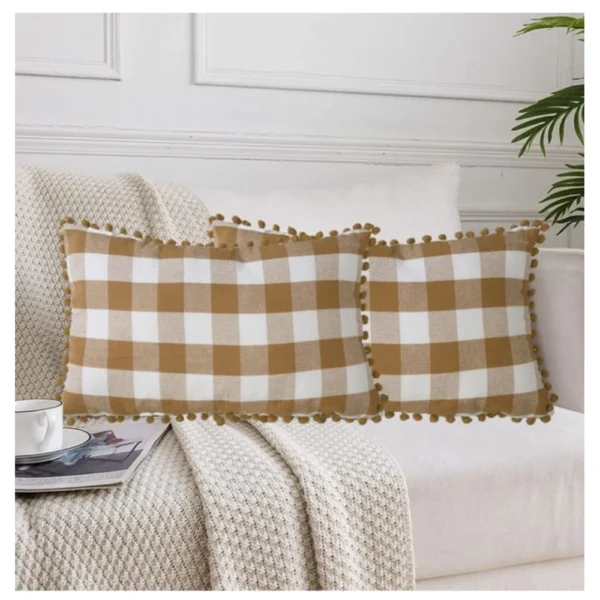 Generic Pack Of_2 Cotton Checkered Cushion Cover With Pom Pom (Beige, Size: 12x20 In)