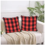 Generic Pack Of_2 Cotton Checkered Cushion Cover With Pom Pom (Red & Black, Size: 18x18 In)