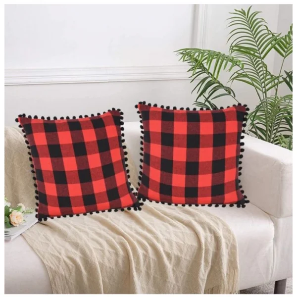 Generic Pack Of_2 Cotton Checkered Cushion Cover With Pom Pom (Red & Black, Size: 18x18 In)