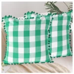 Generic Pack Of_2 Cotton Checkered Cushion Cover With Pom Pom (Green, Size: 18x18 In) - Image 4