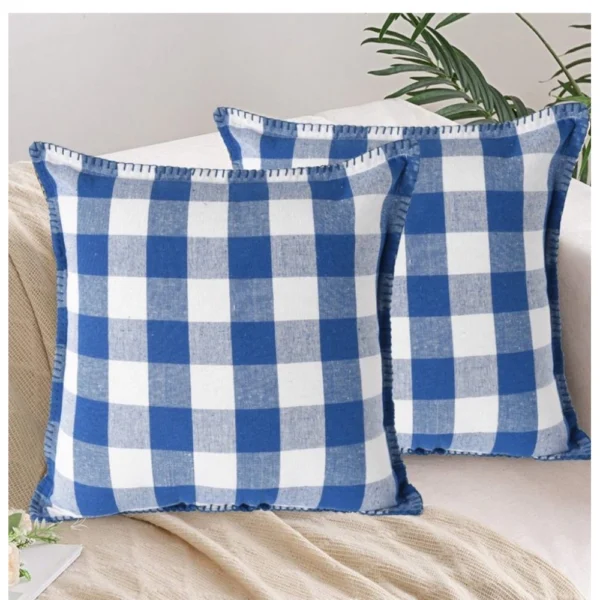 Generic Pack Of_2 Cotton Checkered Cushion Cover With Blanket Stitch (Blue, Size: 18x18 In)