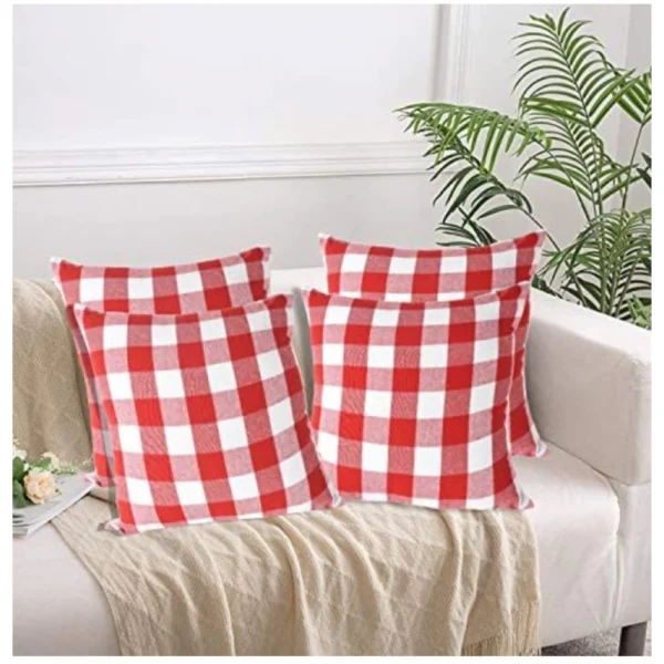 Generic Pack Of_4 Cotton Checkered Cushion Cover With Pom Pom (Red, Size: 20x20 In)