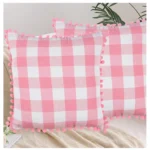 Generic Pack Of_2 Cotton Checkered Cushion Cover With Pom Pom (Baby Pink, Size: 18x18 In) - Image 4