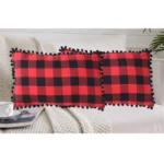 Generic Pack Of_2 Cotton Checkered Cushion Cover With Pom Pom (Red & Black, Size: 12x20 In) - Image 4