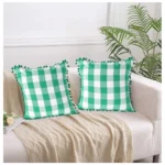 Generic Pack Of_2 Cotton Checkered Cushion Cover With Pom Pom (Green, Size: 18x18 In)