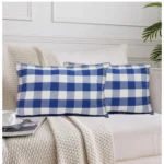 Generic Pack Of_2 Cotton Checkered Cushion Cover With Blanket Stitch (Blue, Size: 12x20 In)