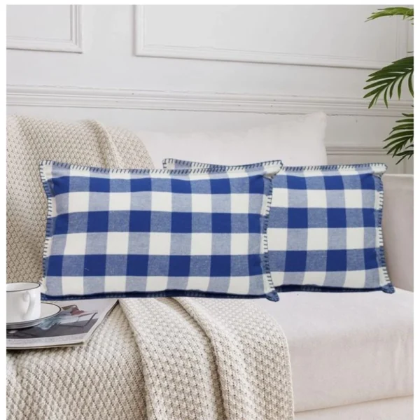 Generic Pack Of_2 Cotton Checkered Cushion Cover With Blanket Stitch (Blue, Size: 12x20 In)