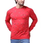 Men's red printed full sleeve cotton T-shirt