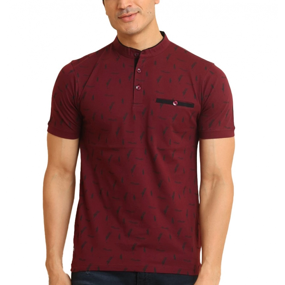 Plum Men's Printed Mandarin Collar Half Sleeve T-Shirt