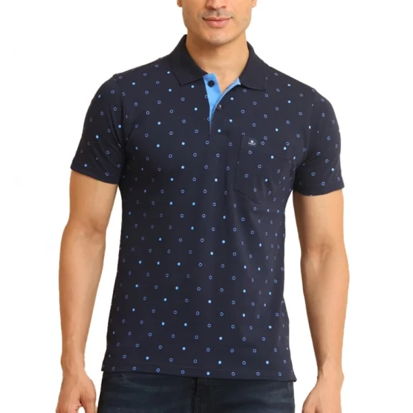Generic Men's Casual Cotton Printed Polo Neck Half Sleeve T-Shirt (Navy)