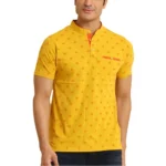 Generic Men's Casual Cotton Printed Mandarin Collar Half Sleeve T-Shirt (Mustard)