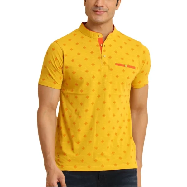 Generic Men's Casual Cotton Printed Mandarin Collar Half Sleeve T-Shirt (Mustard)