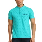 Generic Men's Casual Cotton Printed Mandarin Collar Half Sleeve T-Shirt (Seagreen)