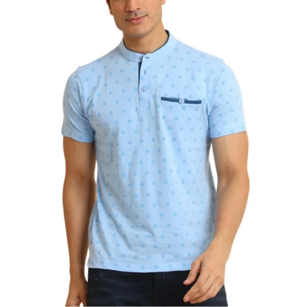 Generic Men's Casual Cotton Printed Mandarin Collar Half Sleeve T-Shirt (Skyblue)