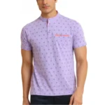 Men's Lavender Cotton Printed Mandarin Collar Half Sleeve T-Shirt