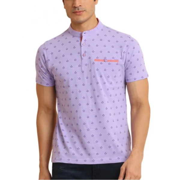 Men's Lavender Cotton Printed Mandarin Collar Half Sleeve T-Shirt