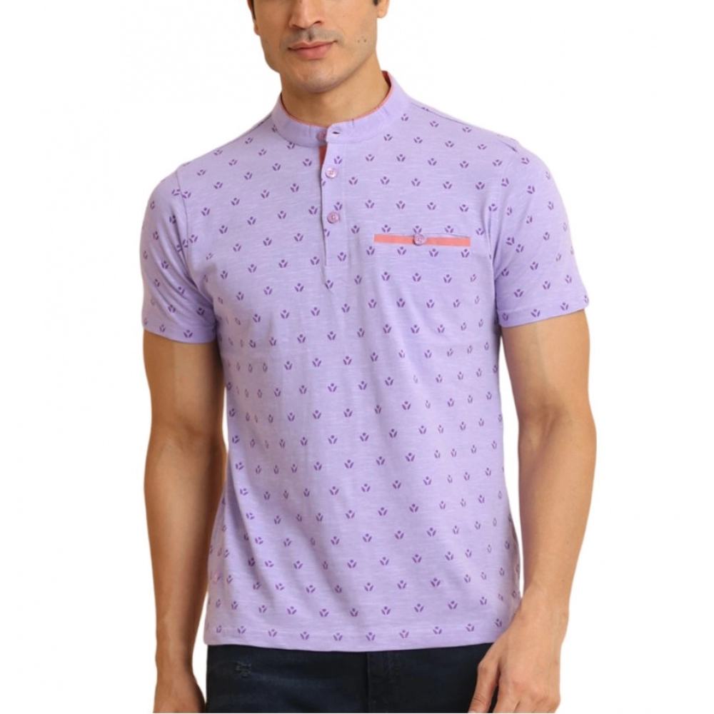 Men's Lavender Cotton Printed Mandarin Collar Half Sleeve T-Shirt