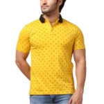 Men's Yellow Cotton Printed Polo Neck T-Shirt