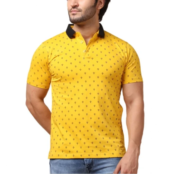 Men's Yellow Cotton Printed Polo Neck T-Shirt