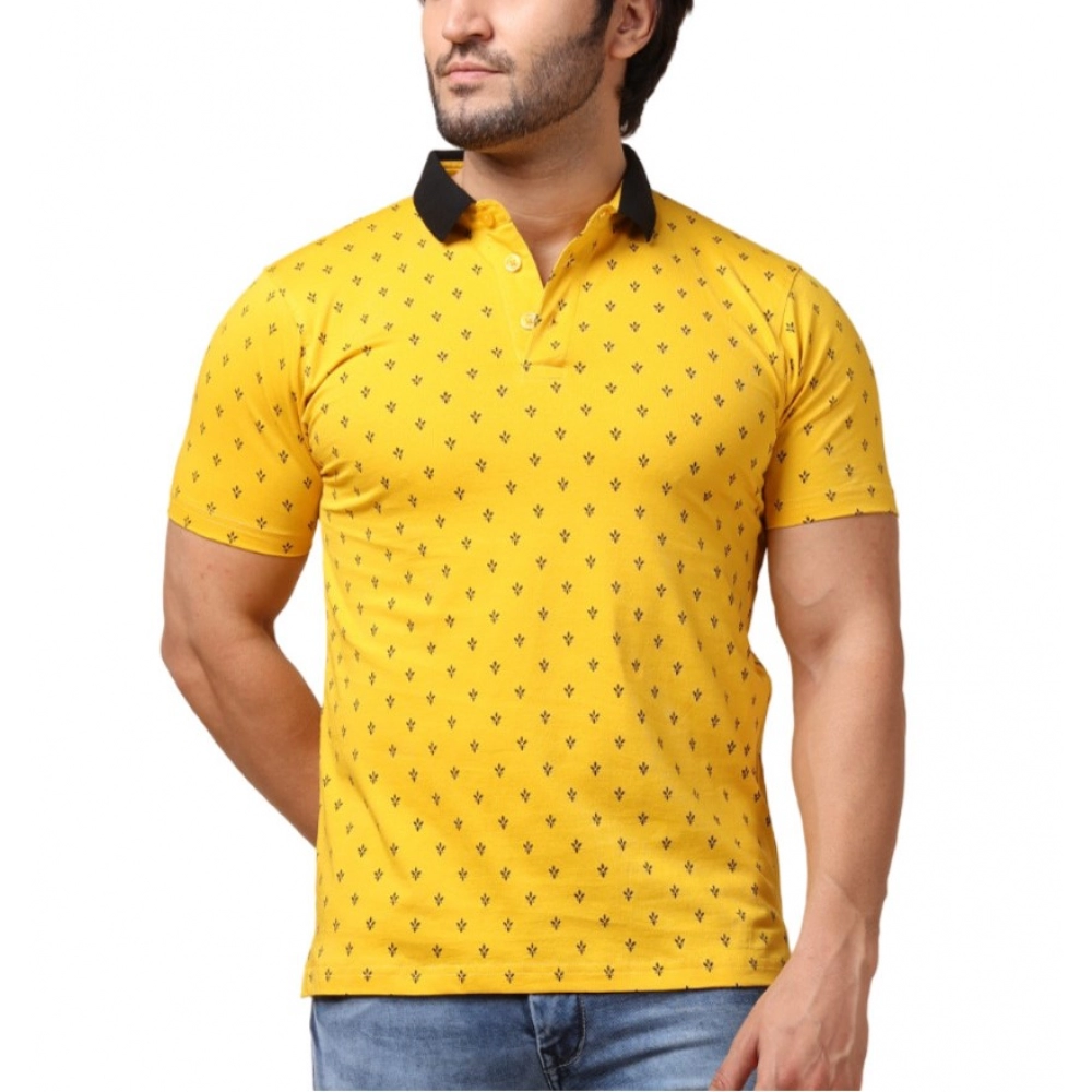 Men's Yellow Cotton Printed Polo Neck T-Shirt