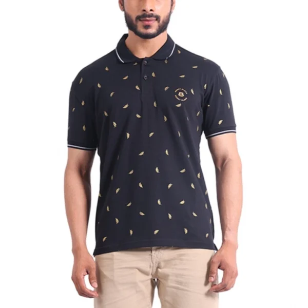 Men's Black Printed Polo Neck Half Sleeve T-Shirt