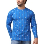 Men's blue printed full sleeve cotton T-shirt