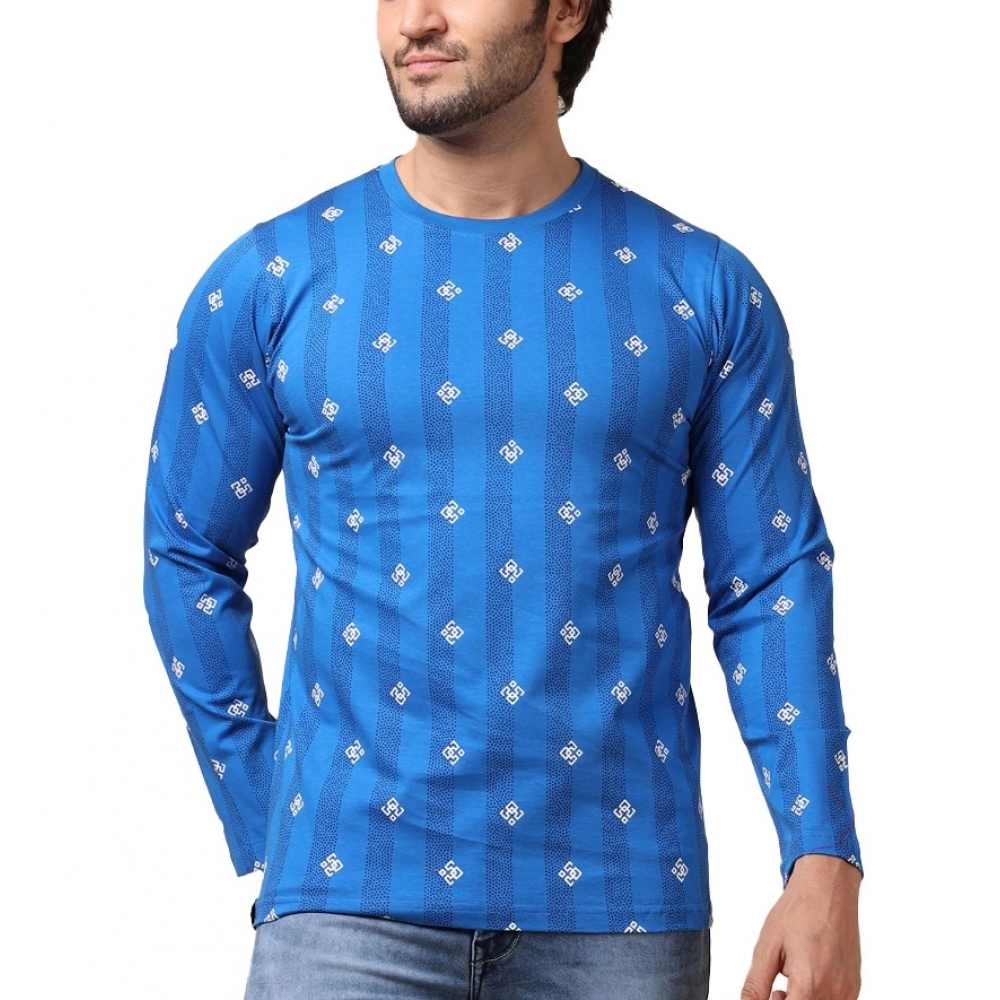 Men's blue printed full sleeve cotton T-shirt