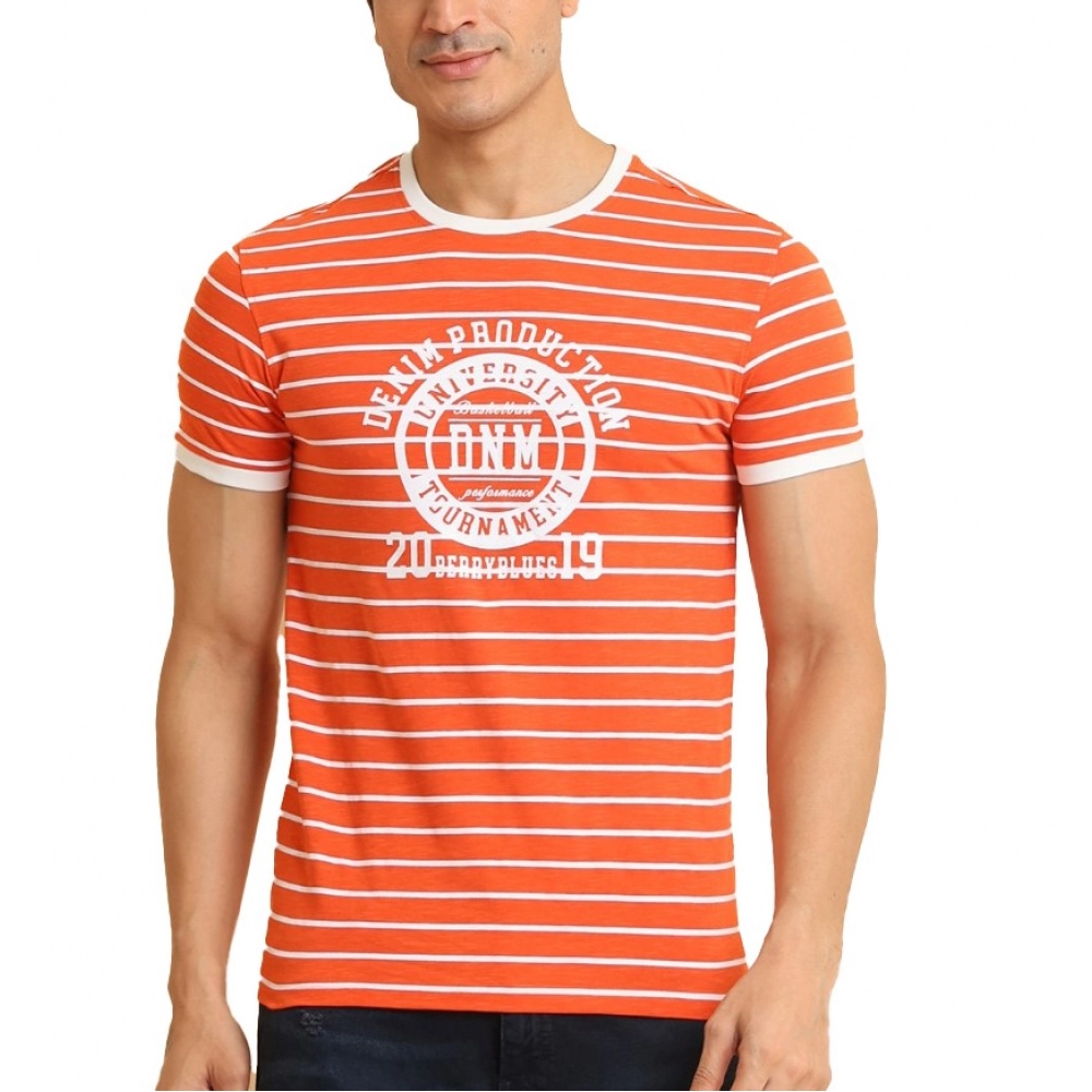 Men's Rust Round Neck Printed Cotton T-Shirt