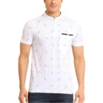 Generic Men's Casual Cotton Printed Mandarin Collar Half Sleeve T-Shirt (White)