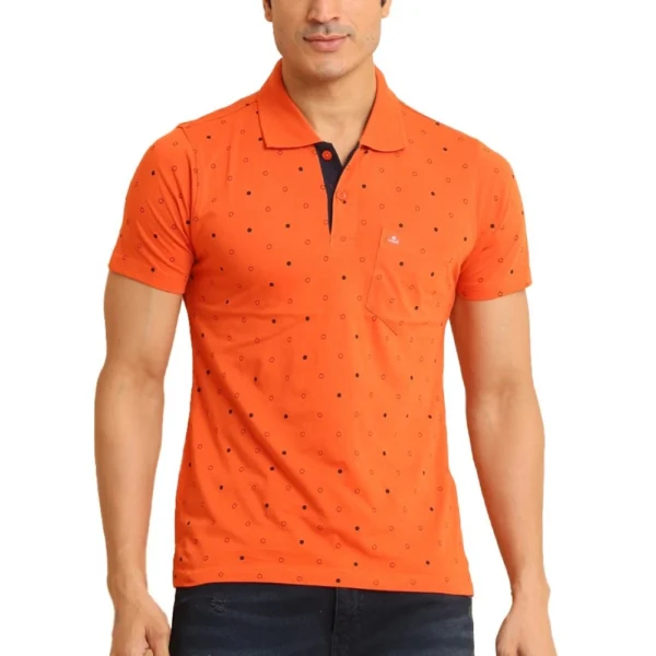Rust colored men's casual cotton printed polo neck half sleeve t-shirt