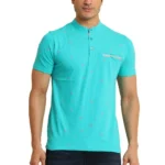 Generic Men's Casual Cotton Printed Mandarin Collar Half Sleeve T-Shirt (Seagreen)
