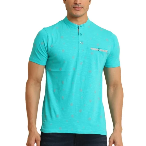 Generic Men's Casual Cotton Printed Mandarin Collar Half Sleeve T-Shirt (Seagreen)